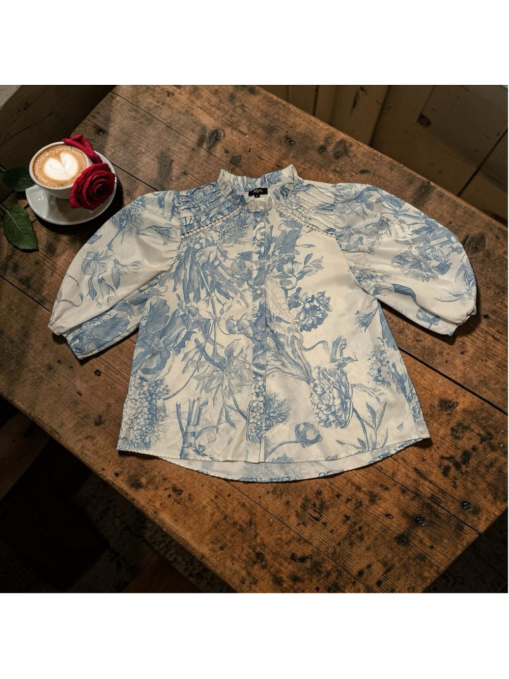 AVE Linen Floral Blouse Womens XL Ruffle Collar Covered Buttons Balloon Sleeves